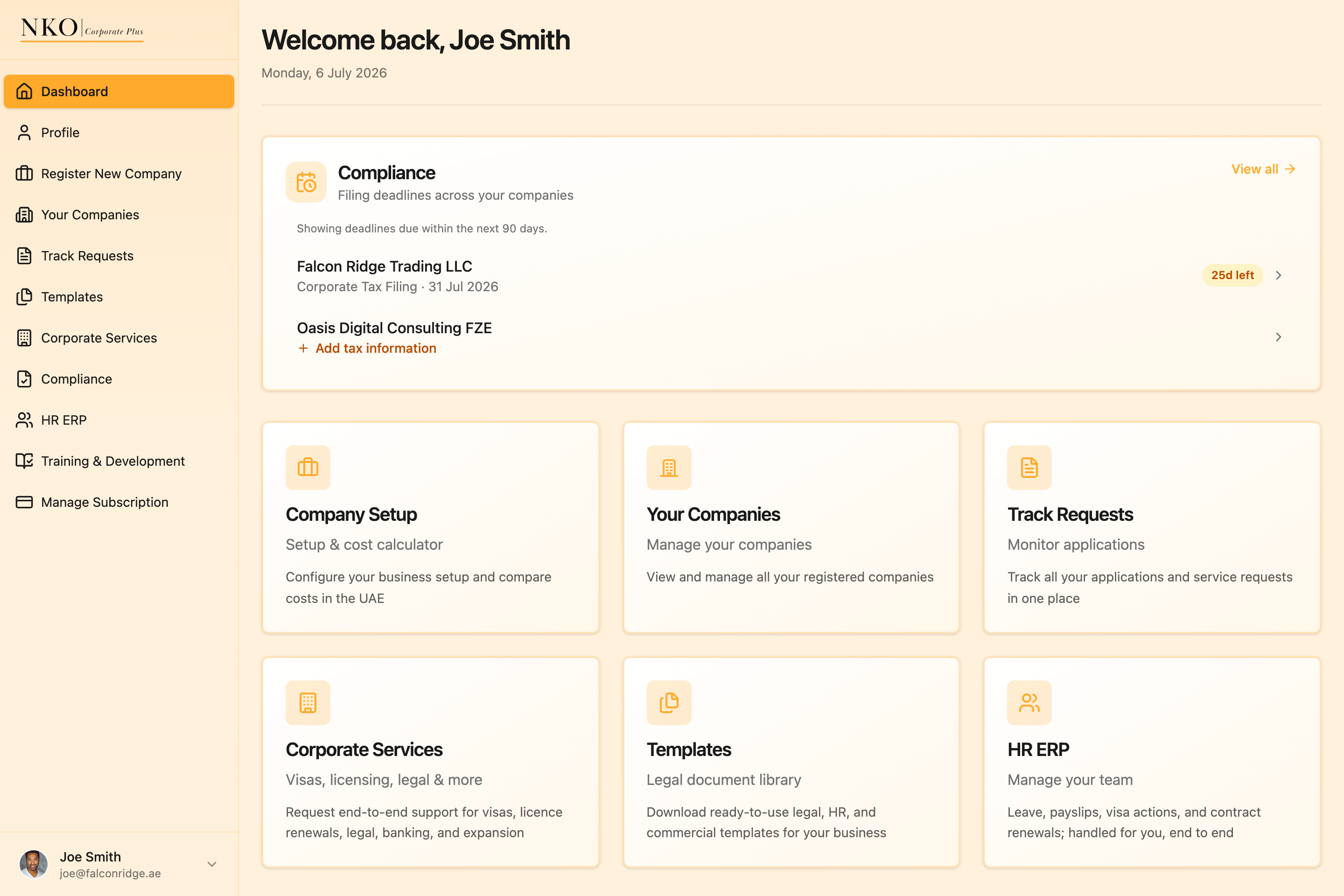 The NKO Corporate Plus dashboard showing companies, compliance deadlines and services